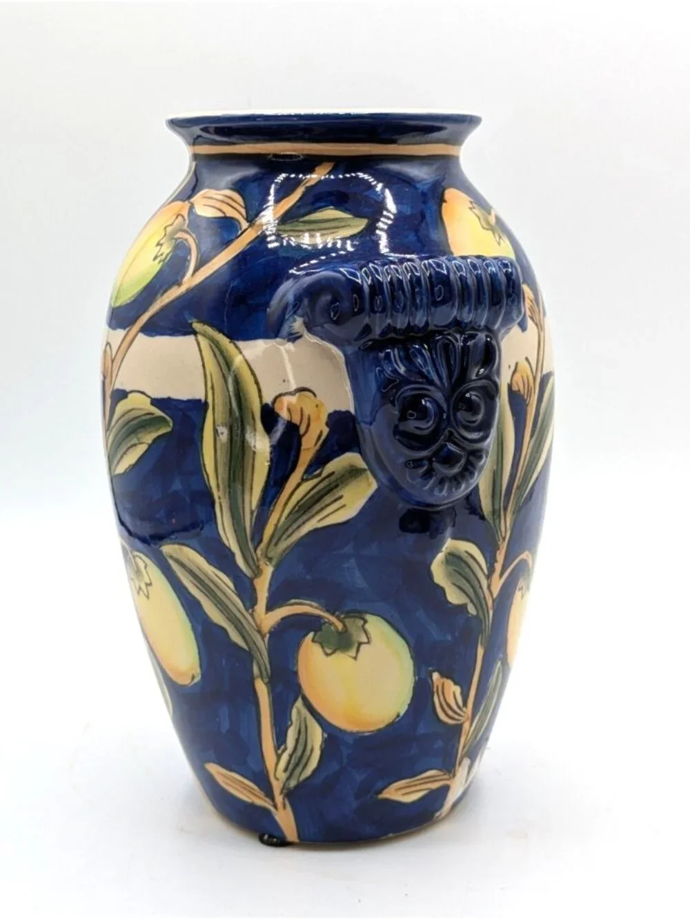 Vintage Handled Vase Cobalt Blue Majolica Mango Branch Ceramic 8